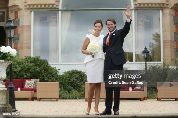 Prince Felix Of Luxembourg and Princess Claire of Luxembourg celebrate in front of photograhers after taking their vows at their Civil Wedding...