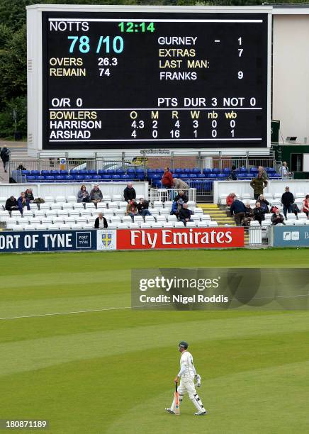 Last man Paul Franks of Nottinghamshire walks off after being dismissed by Jamie Harrison of Durham during day one of the LV County Championship...