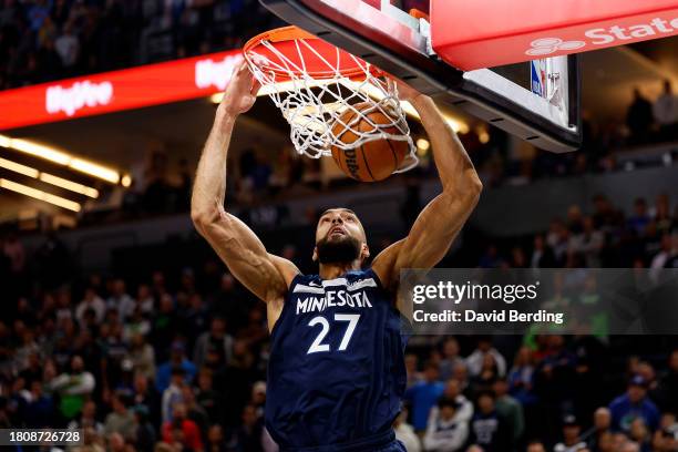 Rudy Gobert of the Minnesota Timberwolves dunks the ball against the Philadelphia 76ers in the first quarter at Target Center on November 22, 2023 in...