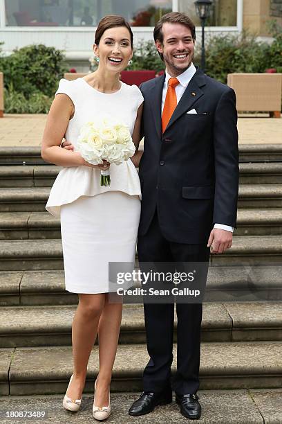 Prince Felix Of Luxembourg and Princess Claire of Luxembourg pose in front of photograhers after taking their vows at their Civil Wedding Ceremony at...