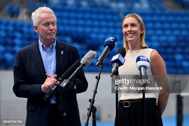 Women’s doubles world number one, Storm Hunter speaks to media during a media opportunity at Kia Arena on November 23, 2023 in Melbourne, Australia.