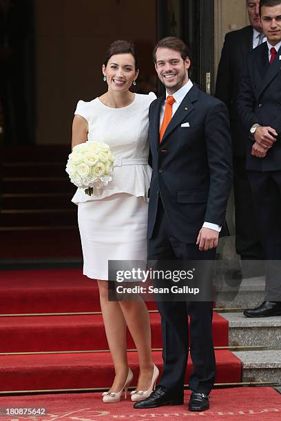 Prince Felix Of Luxembourg and Princess Claire of Luxembourg depart the villa after their Civil Wedding Ceremony at Villa Rothschild Kempinski on...