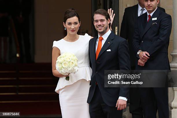 Prince Felix Of Luxembourg and Princess Claire of Luxembourg depart the villa after their Civil Wedding Ceremony at Villa Rothschild Kempinski on...