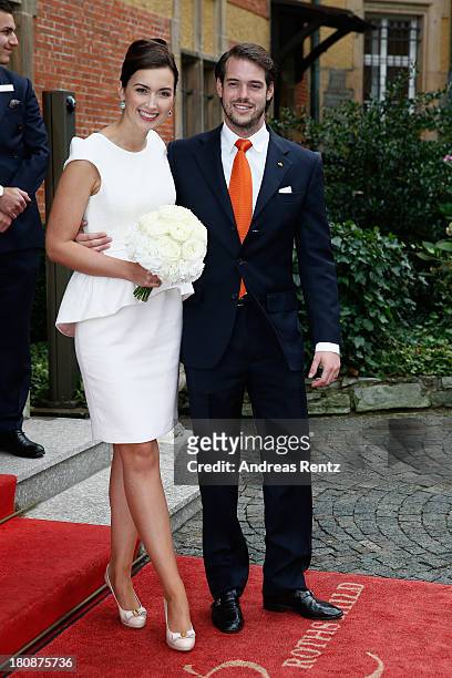 Prince Felix Of Luxembourg and Princess Claire of Luxembourg depart the villa after their Civil Wedding Ceremony at Villa Rothschild Kempinski on...