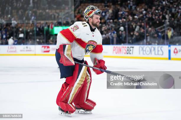 Anthony Stolarz of the Florida Panthers takes the ice after a shootout goal was overturned against the Toronto Maple Leafs at Scotiabank Arena on...