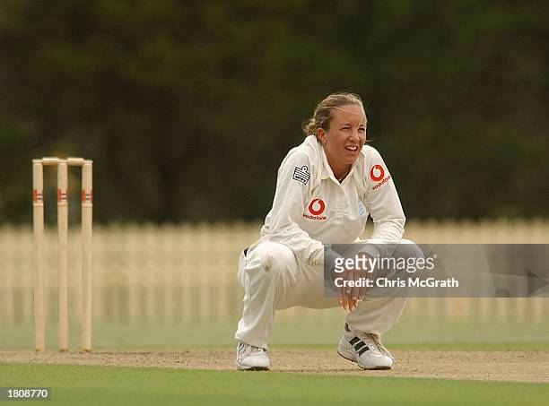 Clare Connor of England shows her frustration after being hit for four during the first day of the second test of the Womens cricket Ashes series...