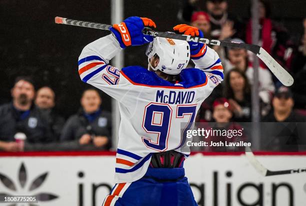 Connor McDavid of the Edmonton Oilers reacts after a penalty during the third period against the Carolina Hurricanes at PNC Arena on November 22,...