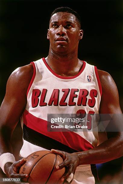 Jerome Kersey of the Portland Trail Blazers shoots a free throw during a game played in 1992 at the Veterans Memorial Coliseum in Portland, Oregon....