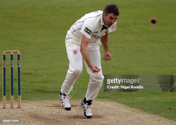 Paul Franks of Nottinghamshire bowls during day one of the LV County Championship Division One match between Durham and Nottinghamshire at the...