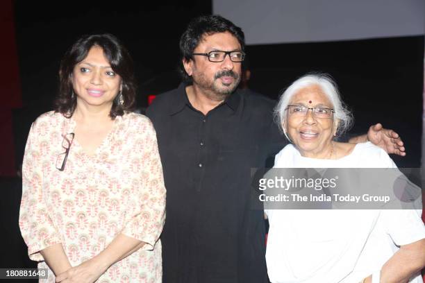 Sanjay Leela Bansali with sister Bela Sehgal and mother Leela Bhansali at the trailer launch of his upcoming movie Ramleela on September 16, 2013 in...
