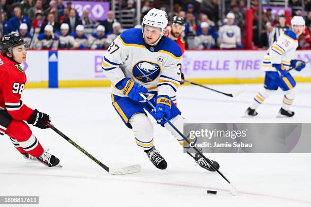 Casey Mittelstadt of the Buffalo Sabres skates against the Chicago Blackhawks on November 19, 2023 at United Center in Chicago, Illinois.