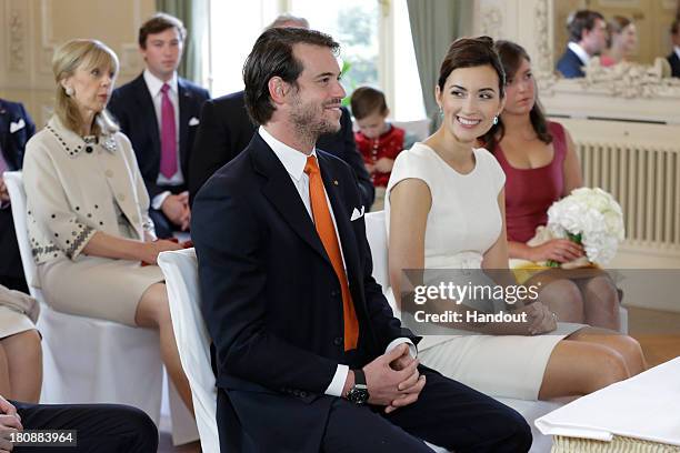 In this handout image provided by the Grand-Ducal Court of Luxembourg, Prince Felix Of Luxembourg and Claire Lademacher attend their Civil Wedding at...