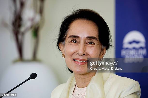 Myanmar's opposition leader and Nobel Peace Prize laureate Aung San Suu Kyi attends a press conference during the 17th Forum 2000 Conference on...