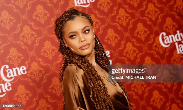 Singer songwriter Andra Day arrives for the premiere of "Candy Cane Lane" at the Regency Village Theater in Los Angeles, California, on November 28,...