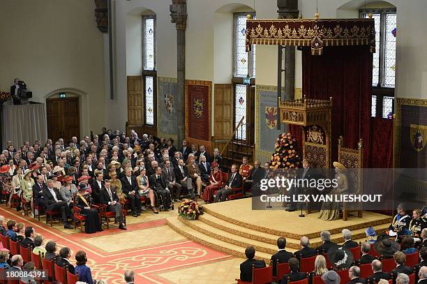 Dutch King Willem-Alexander delivers his first speech from the throne at the Ridderzaal in the Hague, the Netherlands, together with Queen Maxima, on...