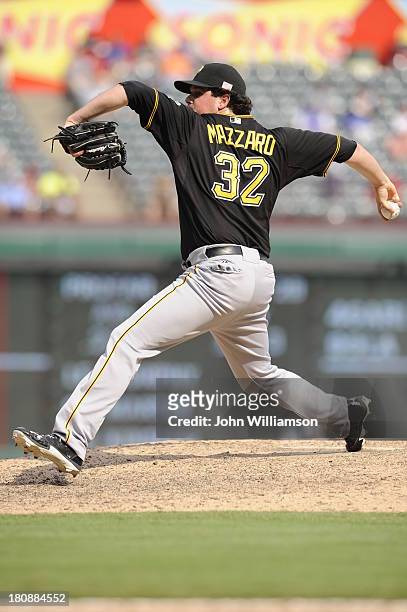 Vin Mazzaro of the Pittsburgh Pirates pitches against the Texas Rangers at Rangers Ballpark on September 11, 2013 in Arlington, Texas. The Pittsburgh...