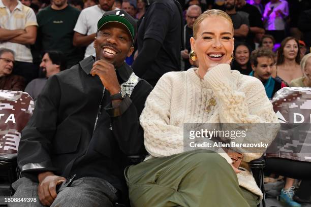Rich Paul and Adele attend a basketball game between the Los Angeles Lakers and the Dallas Mavericks at Crypto.com Arena on November 22, 2023 in Los...
