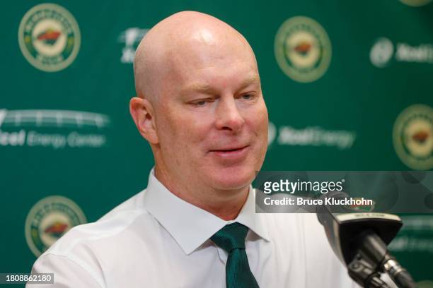 Minnesota Wild head coach John Hynes speaks with the media after defeating the St. Louis Blues at the Xcel Energy Center on November 28, 2023 in...