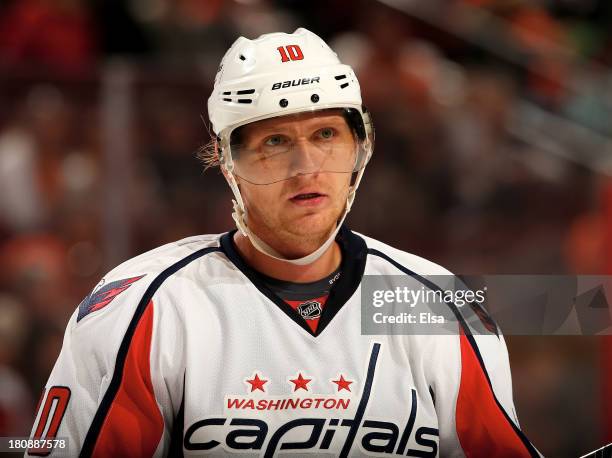 Martin Erat of the Washington Capitals looks on before a face off against the Philadelphia Flyers at Wells Fargo Center on September 16, 2013 in...