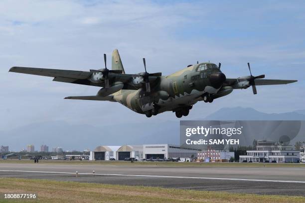Taiwanese air force C-130 Hercules transport aircraft takes off at an air force base in Taitung, southeast of Taiwan, on November 29, 2023.