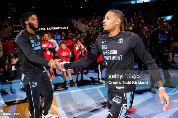 Dejounte Murray of the Atlanta Hawks is introduced prior to an NBA In-Season Tournament game against the Indiana Pacers at State Farm Arena on...