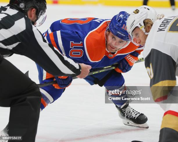 Nicolas Roy of the Las Vegas Golden Knights sets for a faceoff against William Karlsson of the Las Vegas Golden Knights in the third period on...
