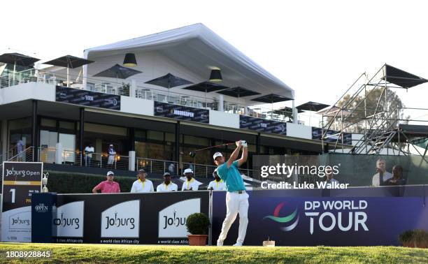 Jaco Van Zyl of South Africa plays his tee shot on the firsthole during Day One of the Joburg Open at Houghton GC on November 23, 2023 in...