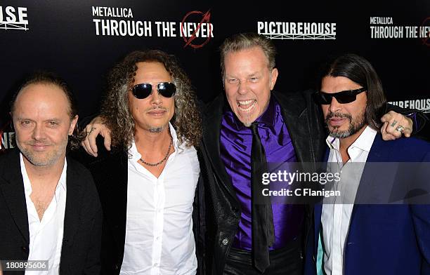 Lars Ulrich, Kirk Hammett, James Hetfield, and Robert Trujillo of Metallica attend the U.S. Premiere of Metallica Through The Never at the AMC...