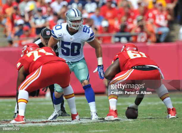 Linebacker Sean Lee of the Dallas Cowboys gets set on defense against the Kansas City Chiefs during the second half on September 15, 2013 at...