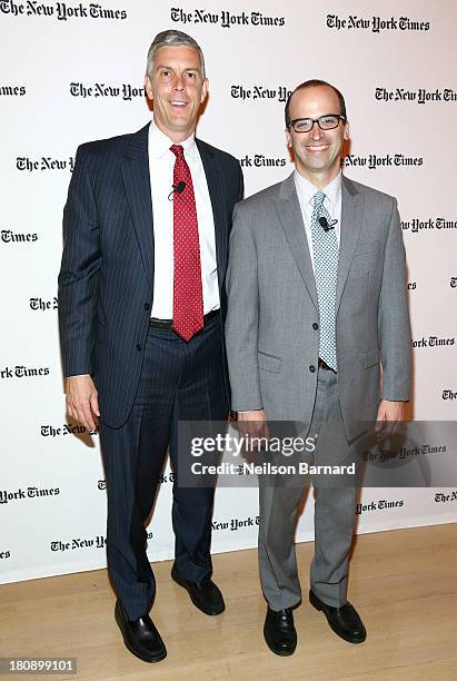 Secretary of Education Arne Duncan and the New York Times Washington bureau chief David Leonhardt attend a Columnist conversation at the New York...