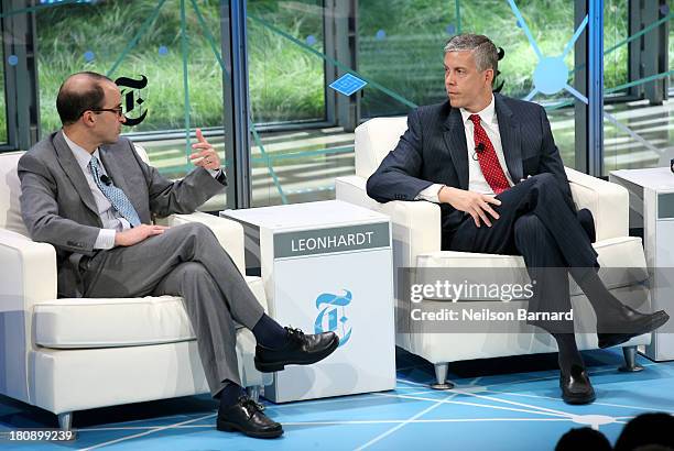 Secretary of Education Arne Duncan gets interveiwed by New York Times Washington bureau chief David Leonhardt during a Columnist conversation at the...