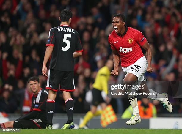 Antonio Valencia of Manchester United celebrates scoring their fourth goal during the UEFA Champions League Group A match between Manchester United...