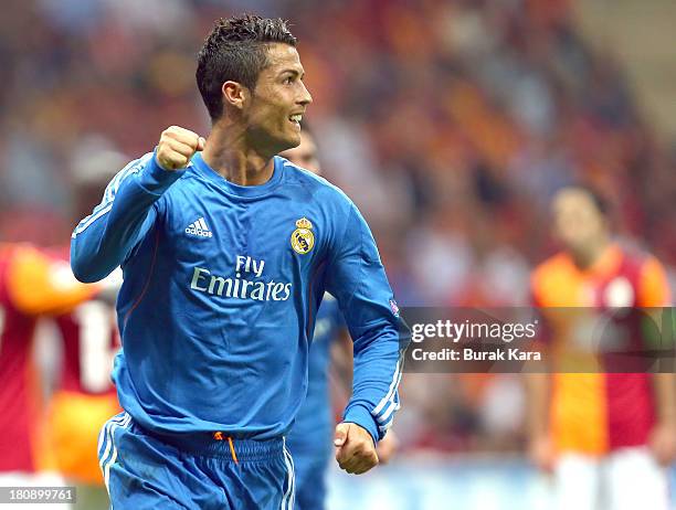 Cristiano Ronaldo of Real Madrid celebrates his goal against Galatasaray during UEFA Champions League Group B match at the Ali Sami Yen Area on...