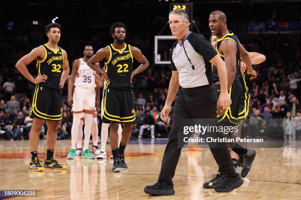 Chris Paul of the Golden State Warriors reacts to referee Scott Foster after being ejected for a second technical foul during the first half of the...