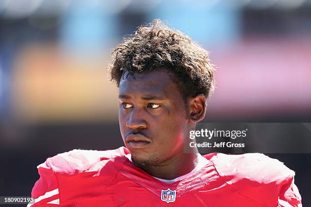 Linebacker Aldon Smith of the San Francisco 49ers looks on against the Green Bay Packers at Candlestick Park on September 8, 2013 in San Francisco,...