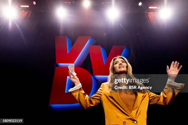 Leader Dilan Yesilgoz is seen at the VVD election night gathering at the Fokker Terminal after losing the 2023 Dutch General Election on November 22,...