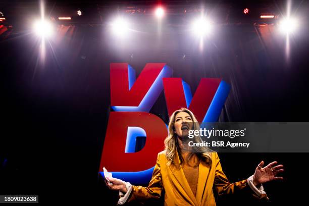 Leader Dilan Yesilgoz is seen at the VVD election night gathering at the Fokker Terminal after losing the 2023 Dutch General Election on November 22,...