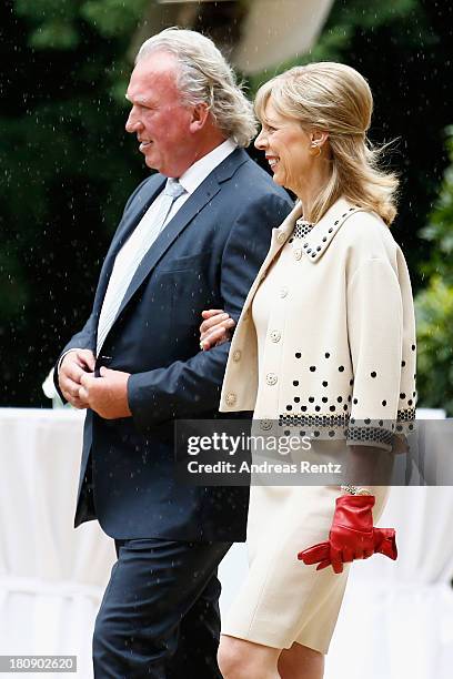 Hartmut Lademacher and Gabriele Lademacher-Schneider emerge from the villa after attending the Civil Wedding Of Prince Felix Of Luxembourg & Claire...