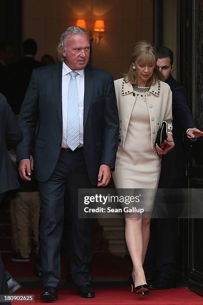 Hartmut Lademacher and Gabriele Lademacher-Schneider emerge from the villa after attending the Civil Wedding Of Prince Felix Of Luxembourg & Claire...