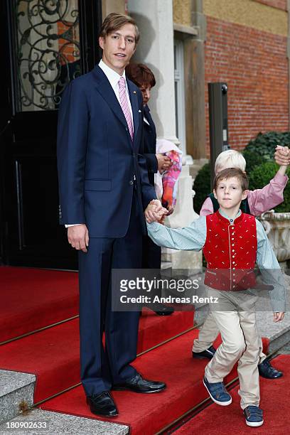 Prince Louis of Luxembourg and Prince Gabriel of Luxembourg depart the Civil Wedding Of Prince Felix Of Luxembourg and Claire Lademacher at Villa...