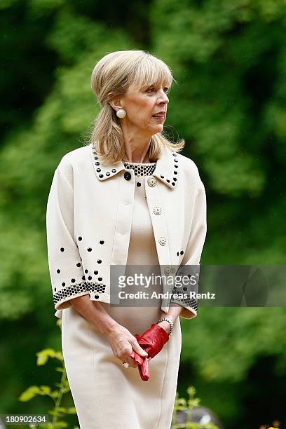 Gabriele Lademacher-Schneider emerges from the villa after attending the Civil Wedding Of Prince Felix Of Luxembourg & Claire Lademacher at Villa...