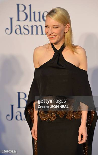 Australian actress Cate Blanchett arrives for the UK premier of Blue Jasmine in London on September 17, 2013. Written and directed by US director,...