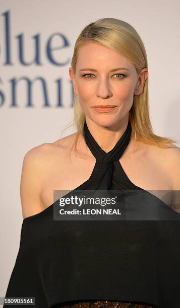 Australian actress Cate Blanchett arrives for the UK premier of Blue Jasmine in London on September 17, 2013. Written and directed by US director,...