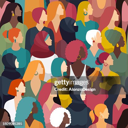 Grupo multiétnico de mujeres. Patrón sin costuras. Concepto de feminidad. Grupo multiétnico de mujeres. Patrón sin costuras. Concepto de feminidad.