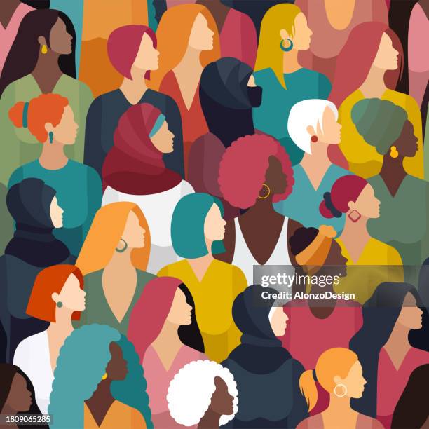 ilustraciones, imágenes clip art, dibujos animados e iconos de stock de grupo multiétnico de mujeres. patrón sin costuras. concepto de feminidad. - derechos de la mujer