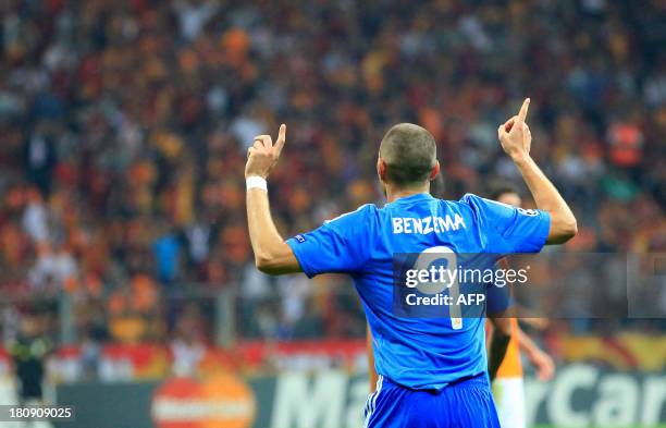 Real Madrid's Karim Benzema celebrates after scoring during the UEFA Champions League football match Galatasaray vs Real Madrid on September 17, 2013...