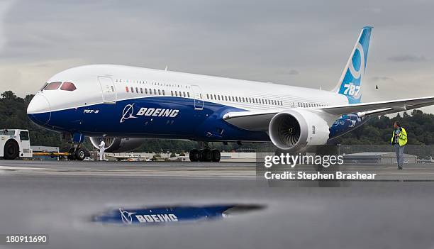 Boeing 787-9 Dreamliner taxis after concluding its first flight September 17, 2013 at Boeing Field in Seattle, Washington. The 787-9 is twenty feet...