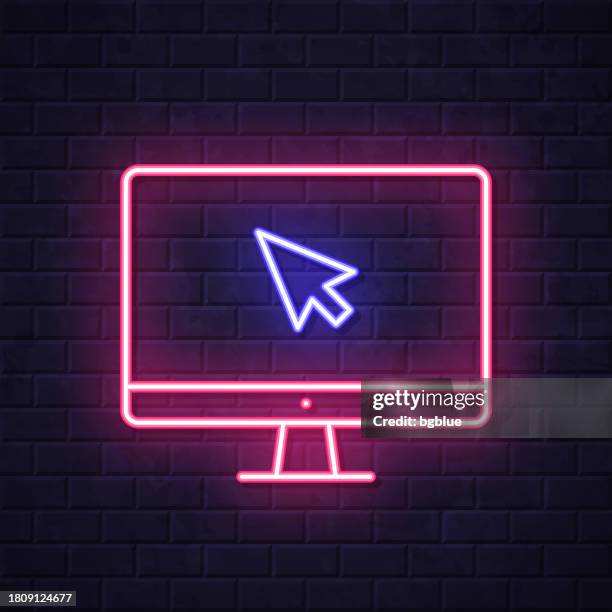 desktop computer with pointer. glowing neon icon on brick wall background - using computer blank screen stock illustrations