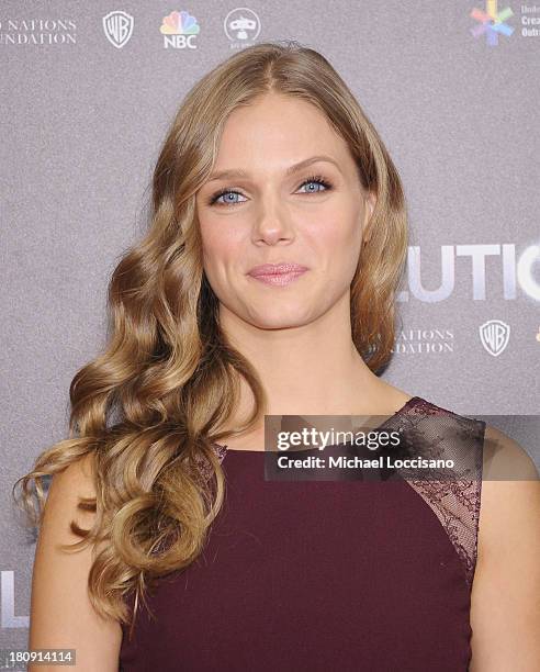 Actress Tracy Spiridakos attends the "Revolution: The Power of Entertainment" season two premiere at United Nations Headquarters on September 17,...