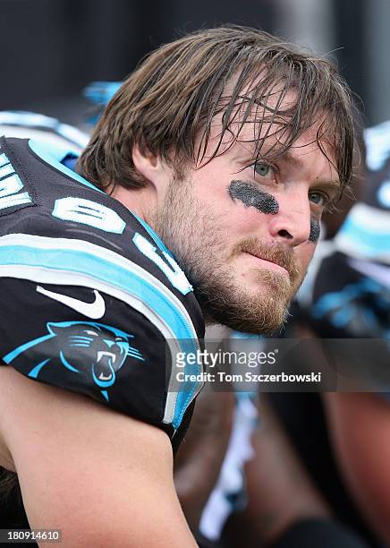 Chase Blackburn of the Carolina Panthers looks on from the bench NFL game action against the Buffalo Bills at Ralph Wilson Stadium on September 15,...